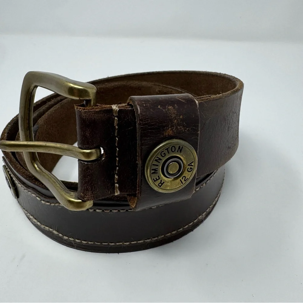 Remington‎ 12 GA Shotgun Shell Dark Brown Leather Belt Brass Buckle Men’s 42
